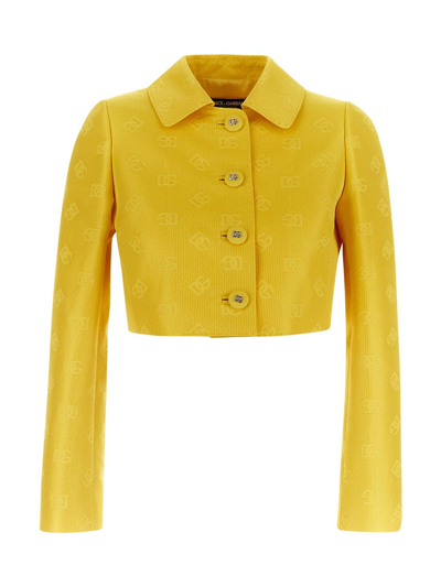 Shop Dolce & Gabbana Short Quilted Jacquard Jacket With Dg Logo In Yellow