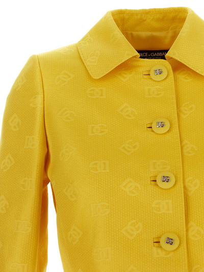 Shop Dolce & Gabbana Short Quilted Jacquard Jacket With Dg Logo In Yellow
