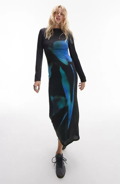 Shop Topshop Floral Long Sleeve Midi Dress In Black/ Blue Multi