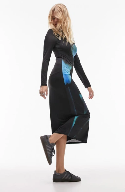 Shop Topshop Floral Long Sleeve Midi Dress In Black/ Blue Multi