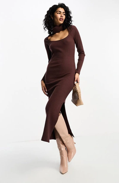Shop Asos Design Long Sleeve Ribbed Midi Sweater Dress In Brown