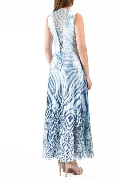 Shop Komarov Lace-up Charmeuse & Lace Maxi Dress In Aqua Ikat Zebra
