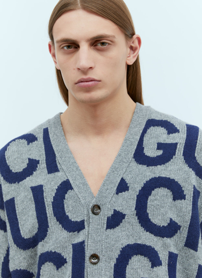 Shop Gucci Men Logo Intarsia Wool Cardigan In Gray