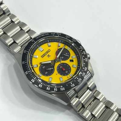 Pre-owned Seiko Prospex Speedtimer Yellow Dial Solar Watch Ssc929 (fedex 2 Day)
