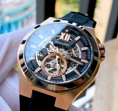 Pre-owned Bulova Maquina Automatic Sapphire Rose Gold Black Dial Silicone Watch 98a177