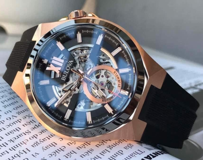 Pre-owned Bulova Maquina Automatic Sapphire Rose Gold Black Dial Silicone Watch 98a177