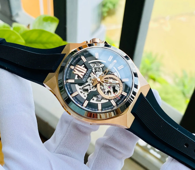 Pre-owned Bulova Maquina Automatic Sapphire Rose Gold Black Dial Silicone Watch 98a177