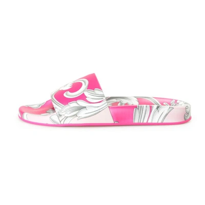 Pre-owned Versace Women's English Rose & Fuxia Barocco Print Pool Slide Flip Flops Shoes In Pink