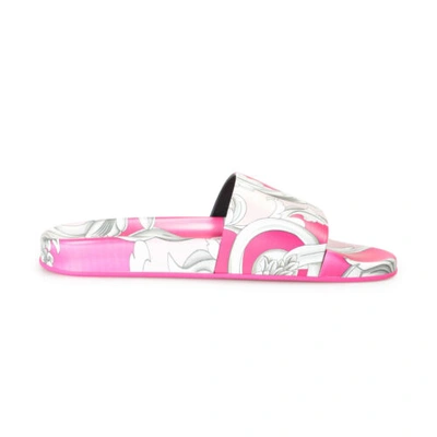 Pre-owned Versace Women's English Rose & Fuxia Barocco Print Pool Slide Flip Flops Shoes In Pink