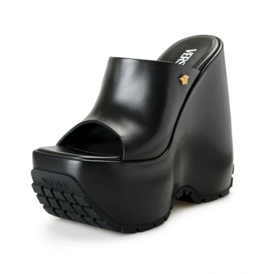 Pre-owned Versace Women's Black Leather Platform Mule Sandals Shoes