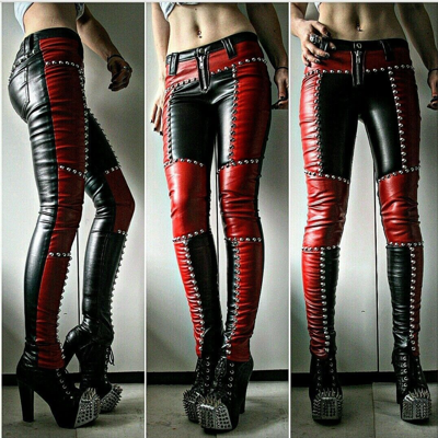 Pre-owned Handmade Women Designer Bespoke Studded Punk Rock Dual Tone Italian Leather Pants In Black And Red