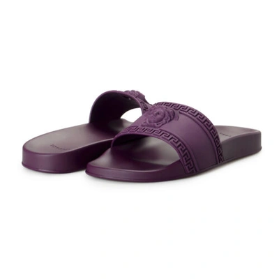 Pre-owned Versace Men's Plum Purple Medusa Head Embossed Pool Slide Flip Flops Shoes