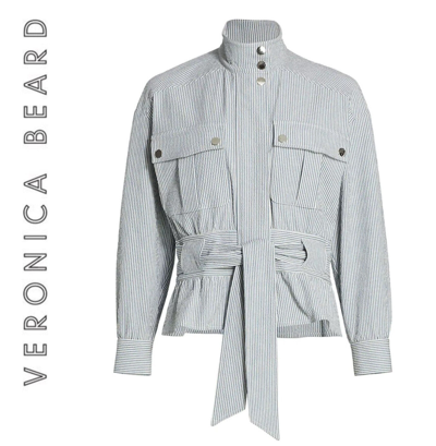 Pre-owned Veronica Beard Sz L  Bomber Jacket York Blue White Seersucker Womens Summer