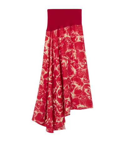 Shop Burberry Silk Rose Print Midi Skirt In Multi