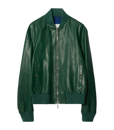 Shop Burberry Leather Bomber Jacket In Green