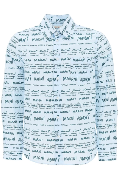 Shop Marni Shirt With Logo Lettering Motif In Light Blue
