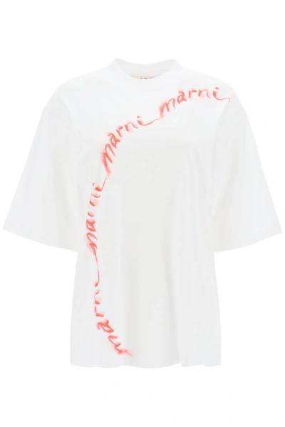 Shop Marni Wavy Logo Oversized T Shirt In White