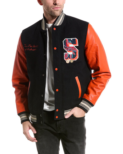 Shop Scotch & Soda Leather Sleeve College Bomber Jacket In Black