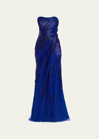 Shop Gaurav Gupta The Lightening Embellished Strapless Gown In Electric Blue