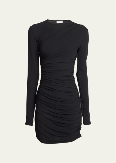 Shop Saint Laurent Ruched Jersey Body-con Mini Dress In Nero