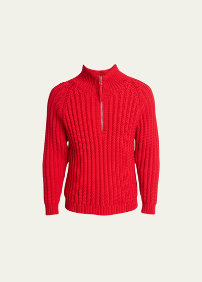 Shop Loewe Men's Ribbed Wool Quarter-zip Sweater In Red