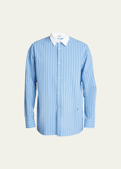 Shop Loewe Men's Poplin Striped Banker-collar Dress Shirt In Stone Blue