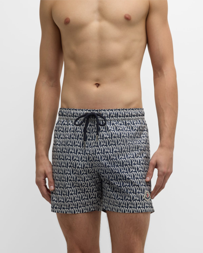 Shop Moncler Men's M Logo Jacquard Swim Shorts In Dark Blue
