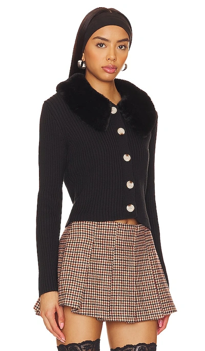 Central Park West Delilah Faux Fur Collar Cardigan In 黑色
