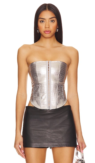 Shop Ow Collection Orion Crocodile Corset In Metallic Silver