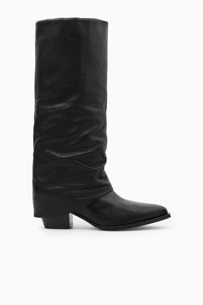 Shop Cos Slouched Leather Knee Boots In Black
