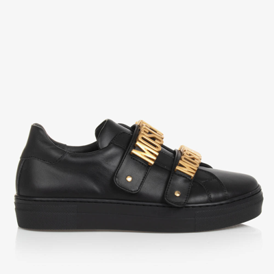 Shop Moschino Kid-teen Teen Black & Gold Leather Trainers