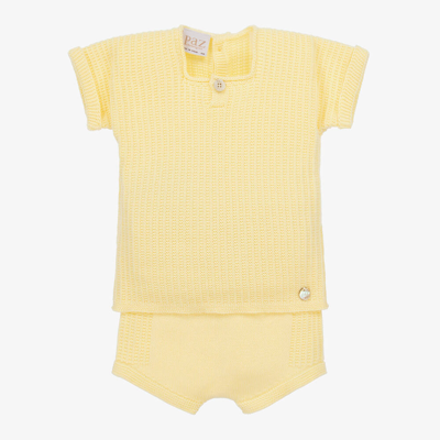 Shop Paz Rodriguez Yellow Knitted Cotton Baby Shorts Set