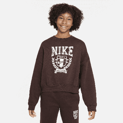 Shop Nike Sportswear Big Kids' (girls') Oversized Fleece Crew-neck Sweatshirt In Brown