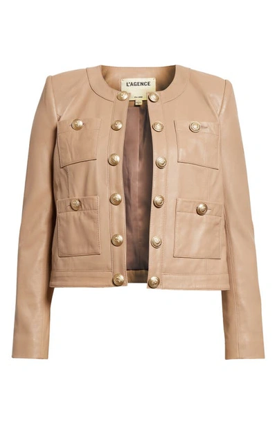 Shop L Agence L'agence Jayde Collarless Leather Jacket In Dark Cappuccino