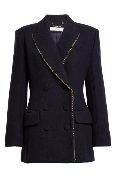 Shop Chloé Chain Trim Double Breasted Wool Blazer In Ink Navy