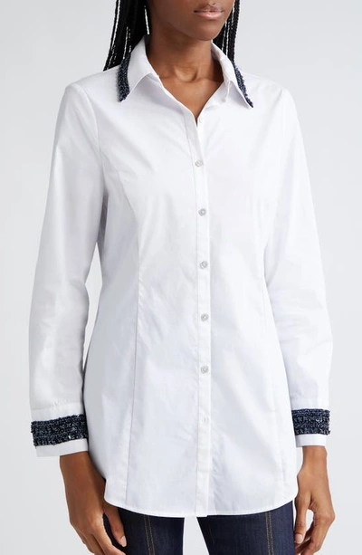 Shop Cinq À Sept Ellery Beaded Trim Shirt In Navy/ White