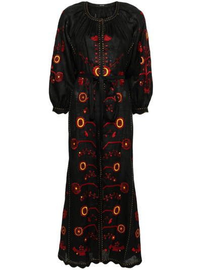 Shop Vita Kin Black Nathalie Floral-embroidered Linen Dress