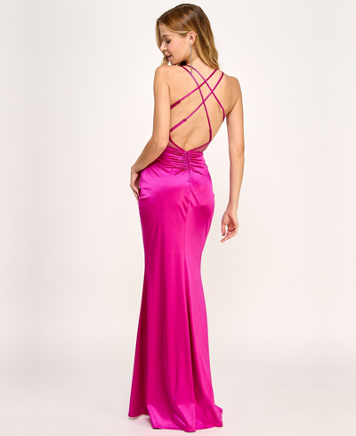 Shop City Studios Juniors' Satin Cross-strap Mesh With Stones On The Back Gown In Deep Orchid