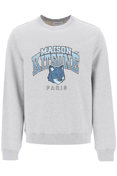 Shop Maison Kitsuné Crew Neck Sweatshirt With Campus Fox Print In Grey