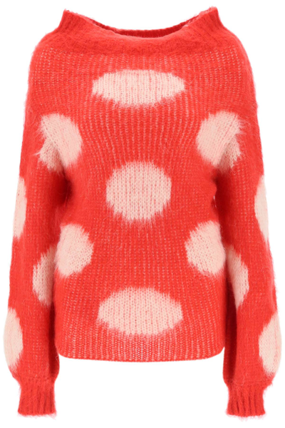 Shop Marni Jacquard Knit Sweater With Polka Dot Motif In White, Red