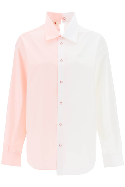 Shop Marni Asymmetrical Two Tone Shirt In White, Pink