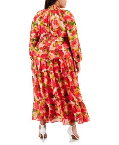 Shop Taylor Plus Size Printed Belted Blouson-sleeve Maxi Dress In Ivory Strawberry Pink
