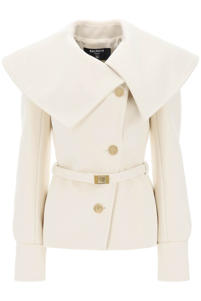 Shop Balmain Belted Double Breasted Peacoat In White