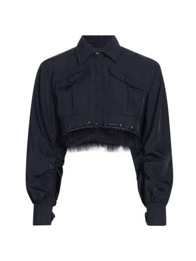 Shop Cinq À Sept Women's Suvi Faux-feather-trim Cropped Jacket In Navy