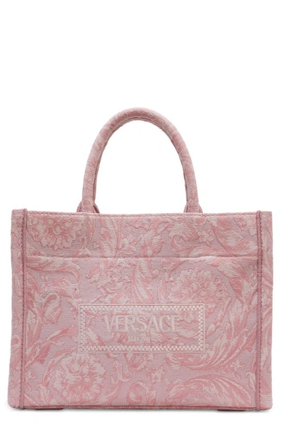 Shop Versace Large Jacquard Canvas Tote In Pink/ Rose/ Gold