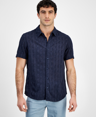 Shop Guess Men's Textured Embroidered Button-front Short Sleeve Shirt In Smart Blue