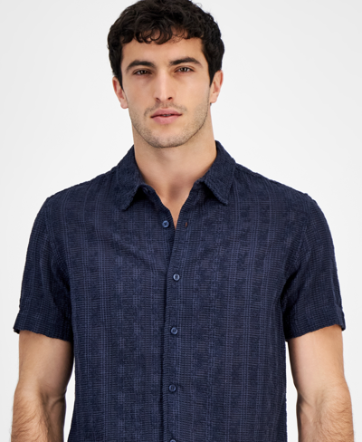 Shop Guess Men's Textured Embroidered Button-front Short Sleeve Shirt In Smart Blue
