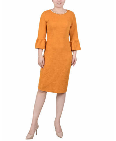 Ny Collection Women's 3/4 Length Imitation Pearl Detail Dress In Mustard