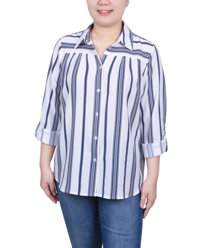 Ny Collection Plus Size Long Roll Tab Sleeve Blouse In White Navy Stripe