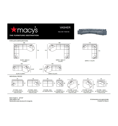 Macy's Closeout! Vasher 114" 3-pc. Fabric Sectional Sofa, Created For  In Sky